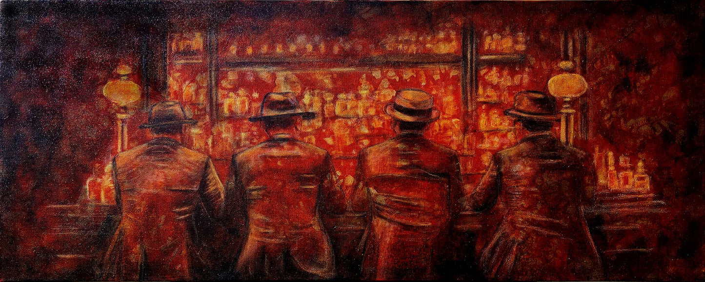 Same Time, Same Place — four figures in fedoras at a glowing bar, 40x16 mixed media original with acrylic and Big Stick Bourbon Whiskey by beckijohart
