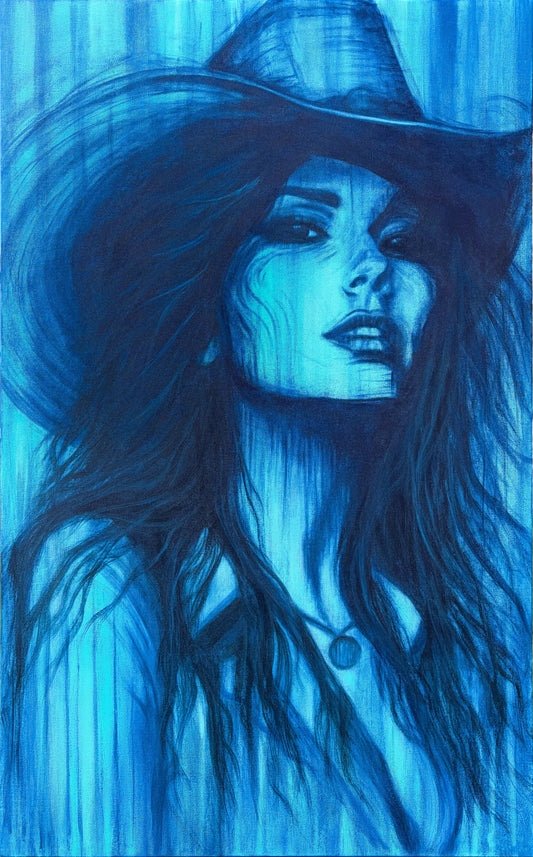 A stylized blue portrait painting of a woman wearing a wide-brim hat, rendered in monochromatic shades of blue with visible brush-like texture across the entire composition.
