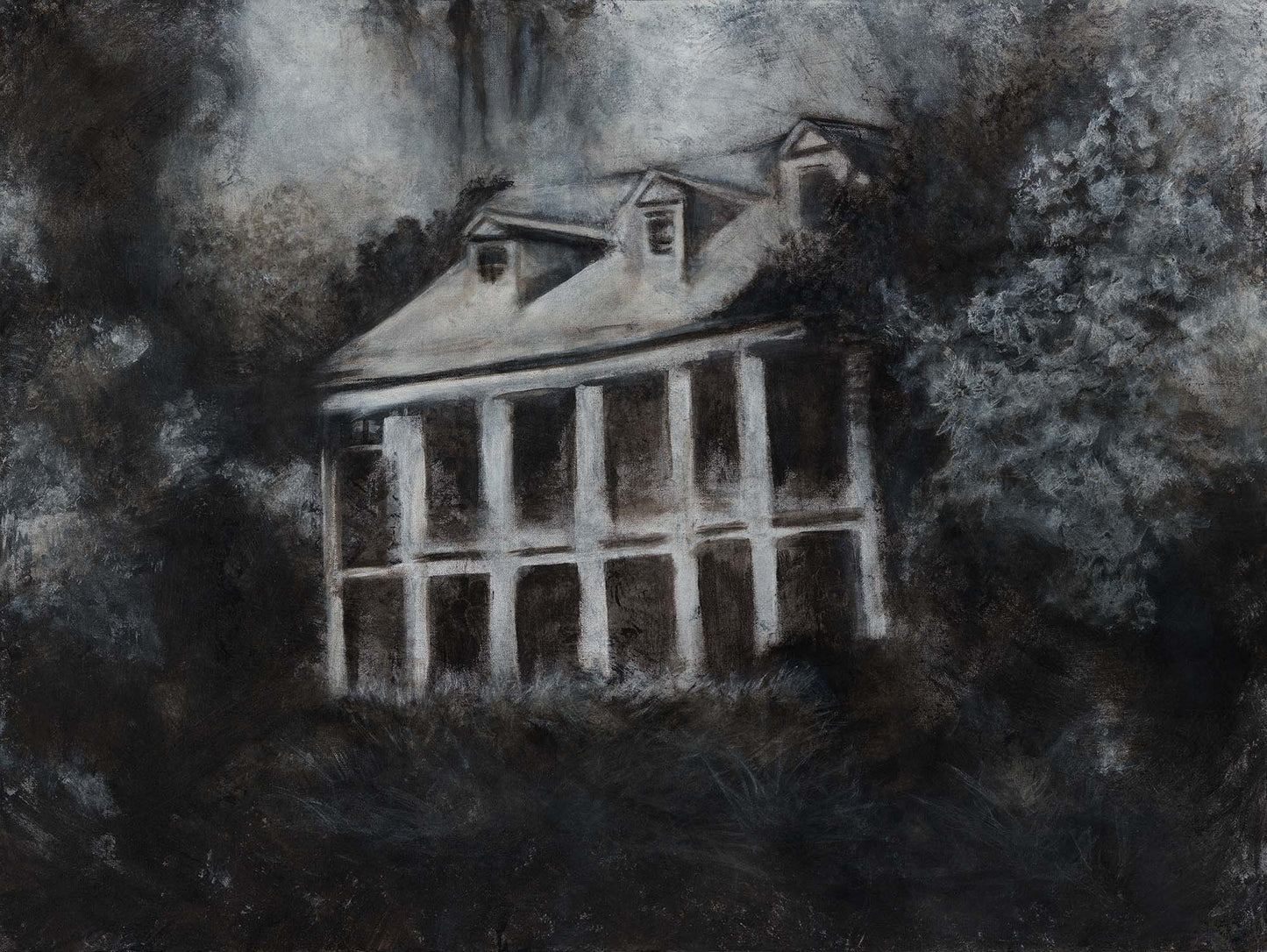 Southern Charm original painting, 48x36 inches, moody charcoal and silver tones depicting a Louisiana plantation home surrounded by dark trees