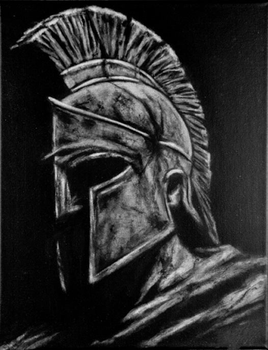 Resolve — a Spartan warrior helmet rendered in charcoal tones on black, 11x14 original painting by beckijohart