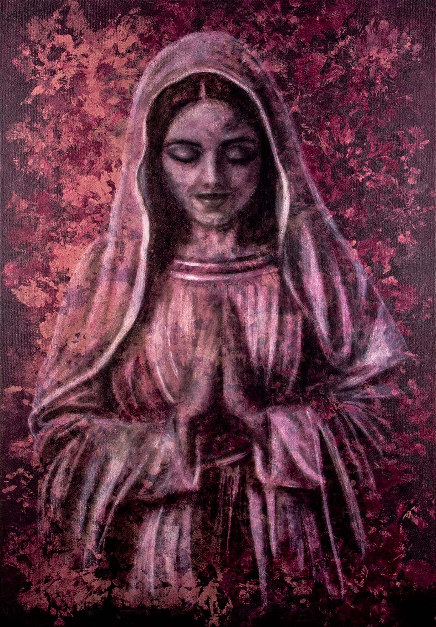 Still She Prays — a veiled figure in prayer surrounded by deep burgundy and mauve floral textures, 24x36 original painting by beckijohart