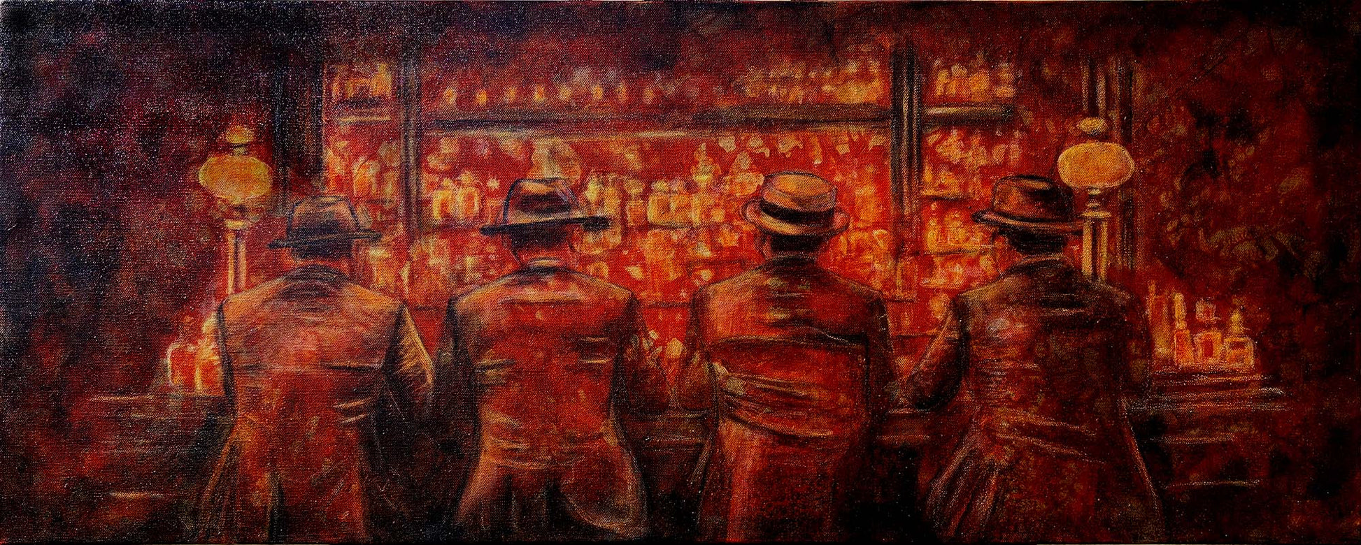 Same Time, Same Place — four figures in fedoras at a glowing bar, 40x16 mixed media original with acrylic and Big Stick Bourbon Whiskey by beckijohart