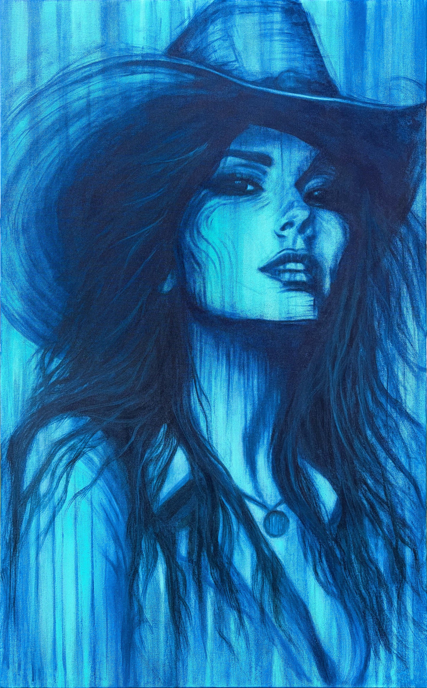 A stylized blue portrait painting of a woman wearing a wide-brim hat, rendered in monochromatic shades of blue with visible brush-like texture across the entire composition.