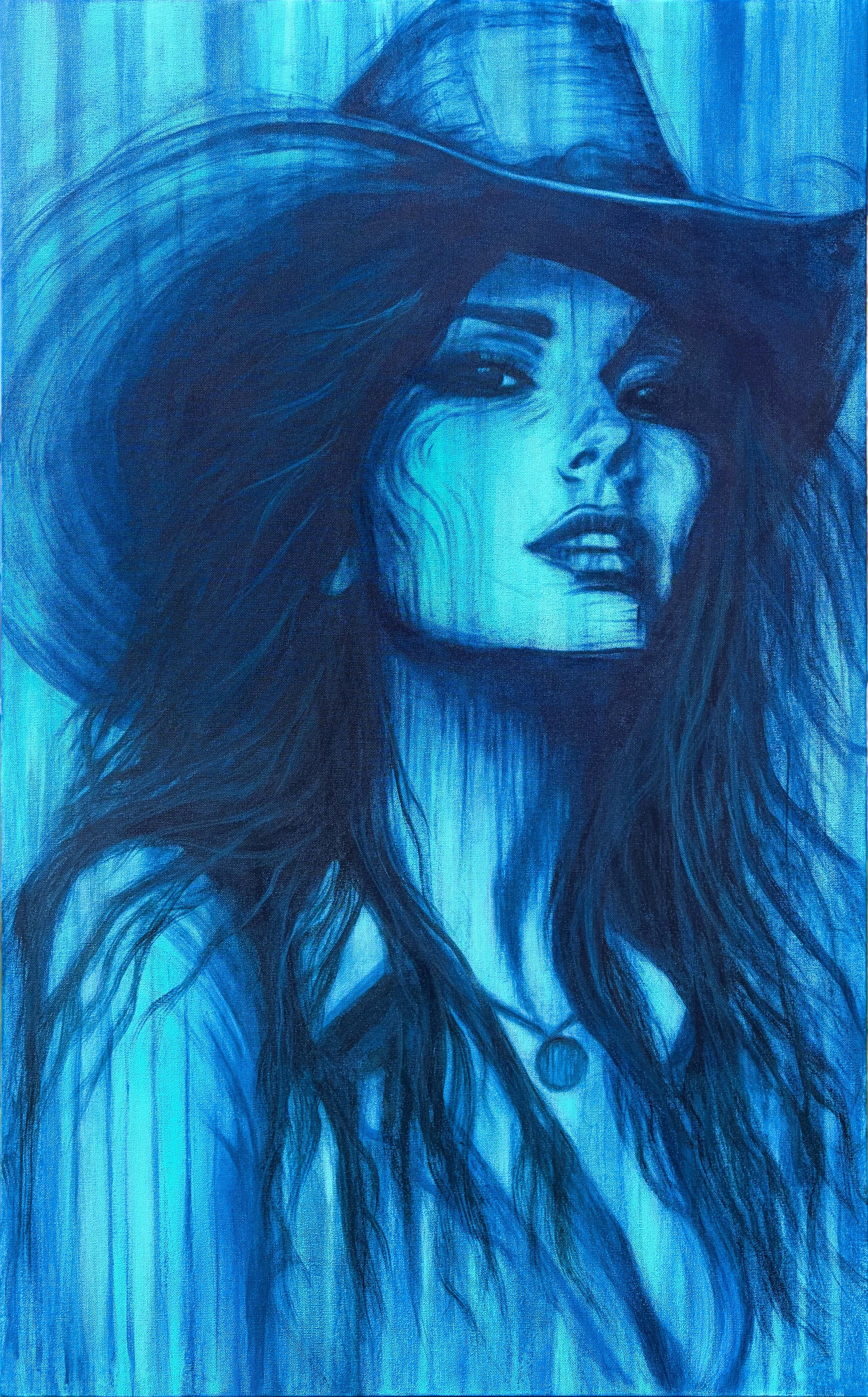 A stylized blue portrait painting of a woman wearing a wide-brim hat, rendered in monochromatic shades of blue with visible brush-like texture across the entire composition.