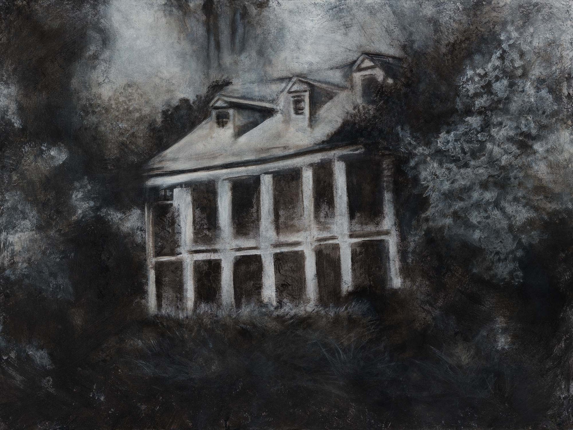 Southern Charm original painting, 48x36 inches, moody charcoal and silver tones depicting a Louisiana plantation home surrounded by dark trees