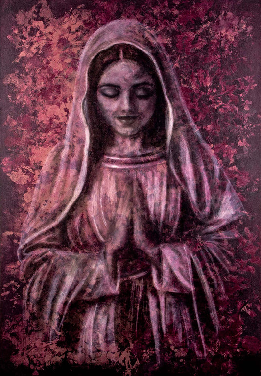 Still She Prays — a veiled figure in prayer surrounded by deep burgundy and mauve floral textures, 24x36 original painting by beckijohart