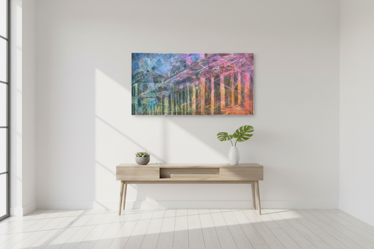 Abstract geometric painting in bright hallway