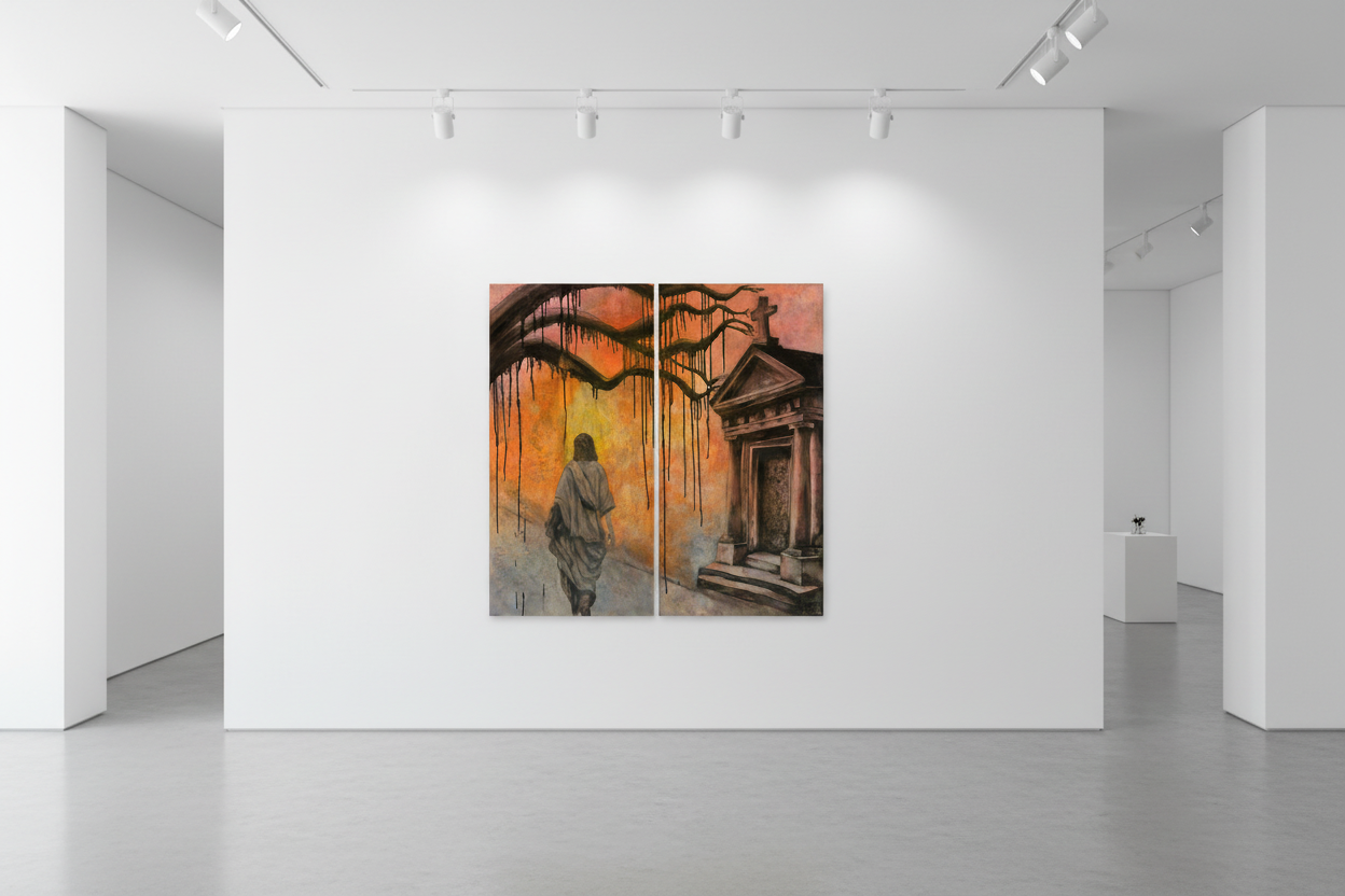 Diptych painting in white gallery space
