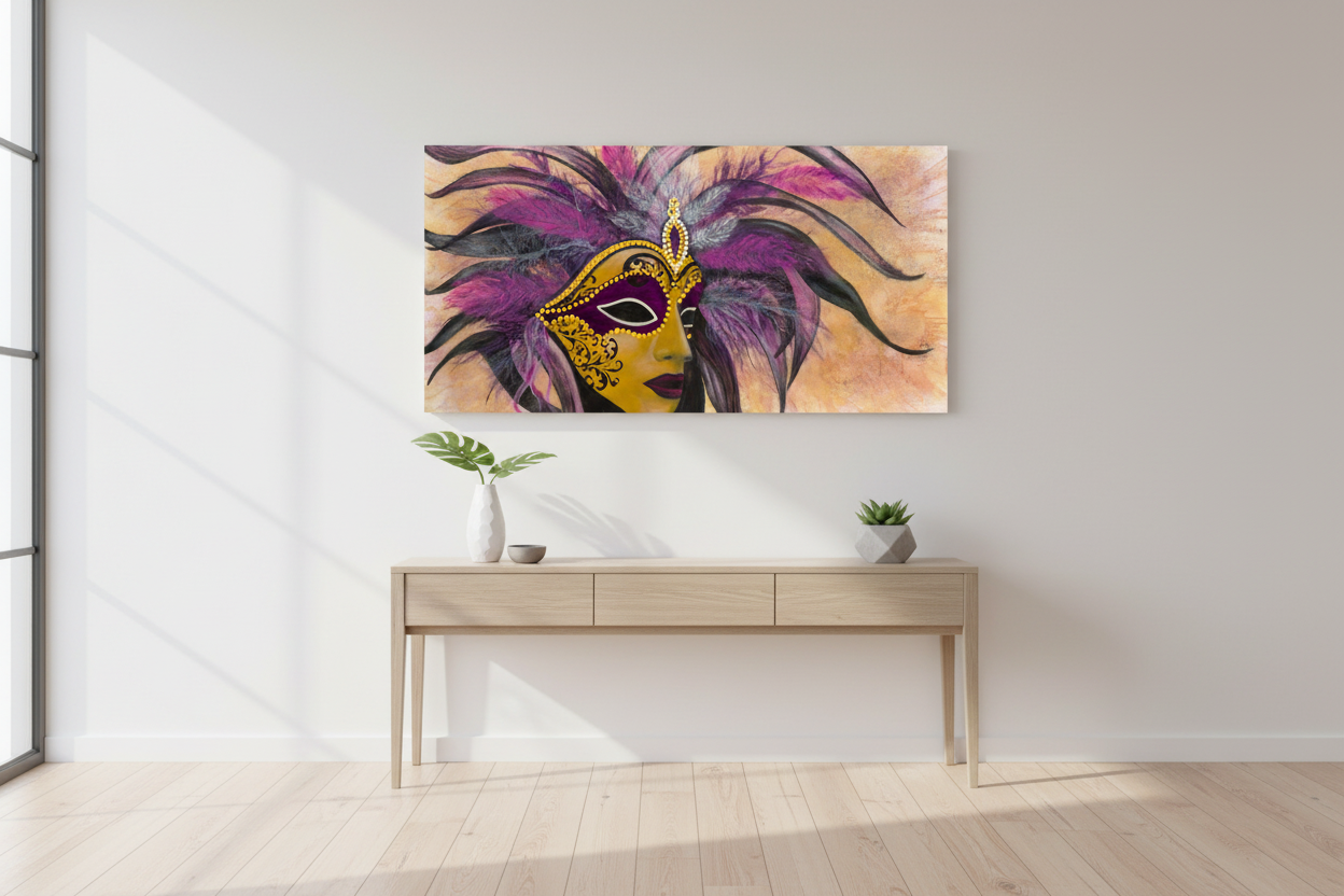 Masquerade mask painting in bright hallway
