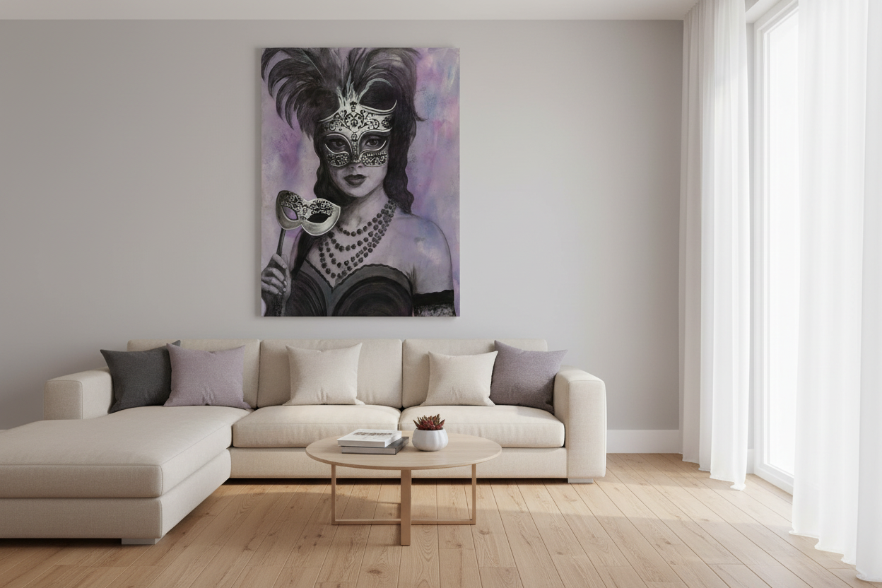 Masquerade portrait in bright living room