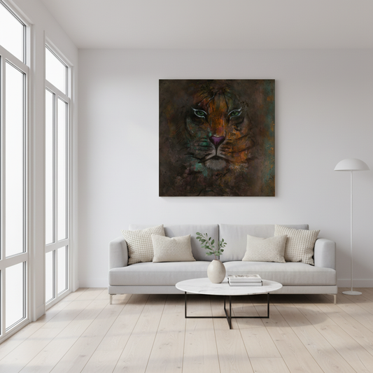 Moody lion portrait in bright modern space