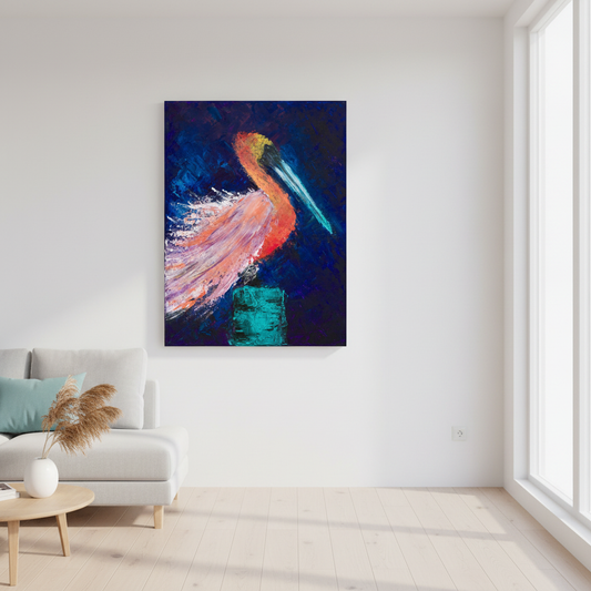 Vibrant pelican painting in bright modern space